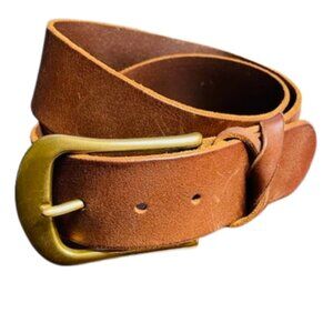 Vintage 90s GAP Genuine Leather Brown Wide Belt Brass Buckle Made in USA Small